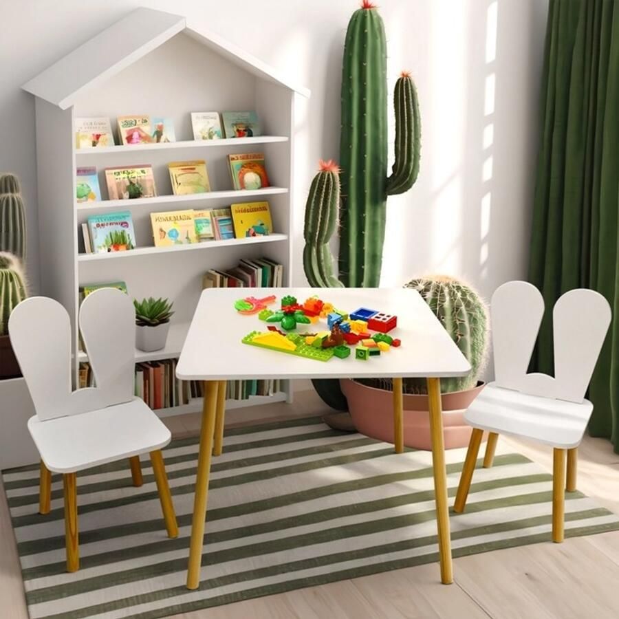 Decothuis Lilleven kindertafel vierkant met 2 stoelen – kindermeubel set voor peuters & kleuters – hout wit met houten poten – speeltafel & eettafel