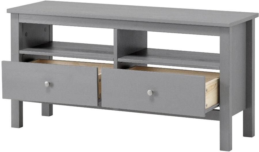 Decothuis TV kast van massief grenen hout Grijs 110 cm breed 2 lades en open vak scandinavisch design