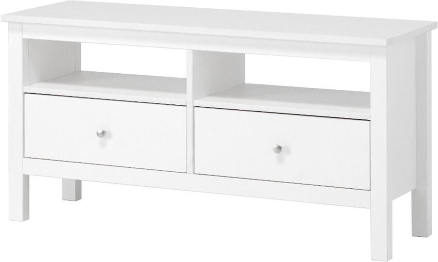 Decothuis TV kast van massief grenen hout Wit- 110 cm breed 2 lades en open vak scandinavisch design