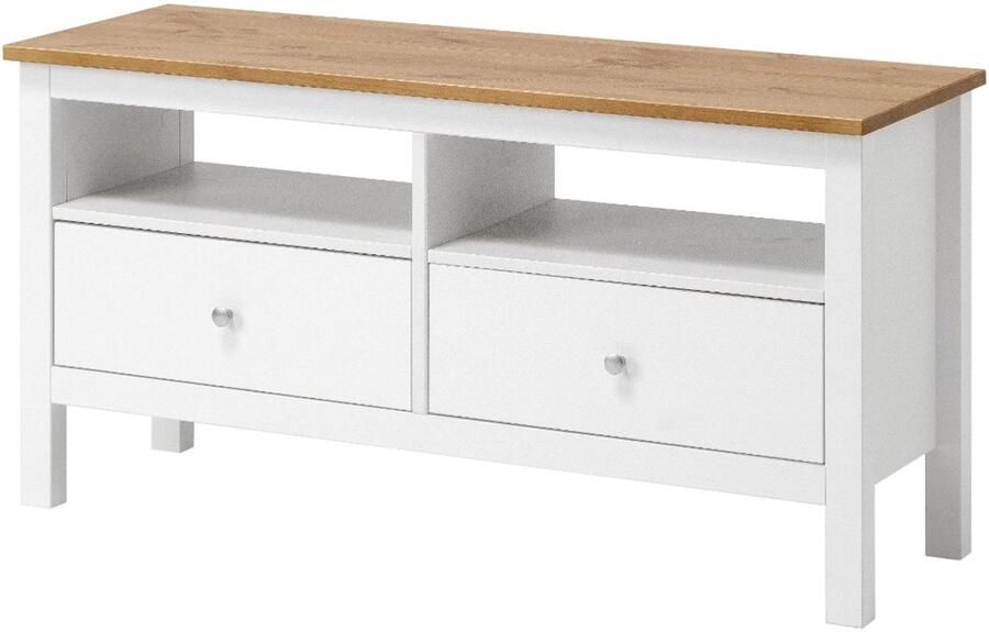 Decothuis TV kast van massief grenen hout Wit met naturel blad 110 cm breed 2 lades en open vak scandinavisch design