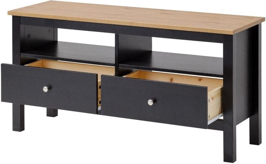 Decothuis TV kast van massief grenen hout Zwart met naturel blad- 110 cm breed 2 lades en open vak scandinavisch design