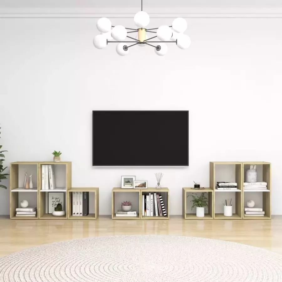 Decoways 8-delige Tv-meubelset spaanplaat wit en sonoma eikenkleurig