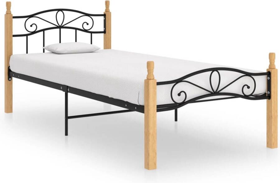 Decoways Bedframe metaal en massief eikenhout zwart 90x200 cm