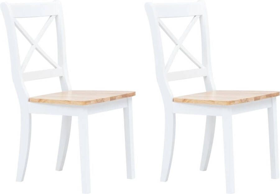 Decoways Eetkamerstoelen 2 stuks massief rubberwood wit en lichthoutkleurig