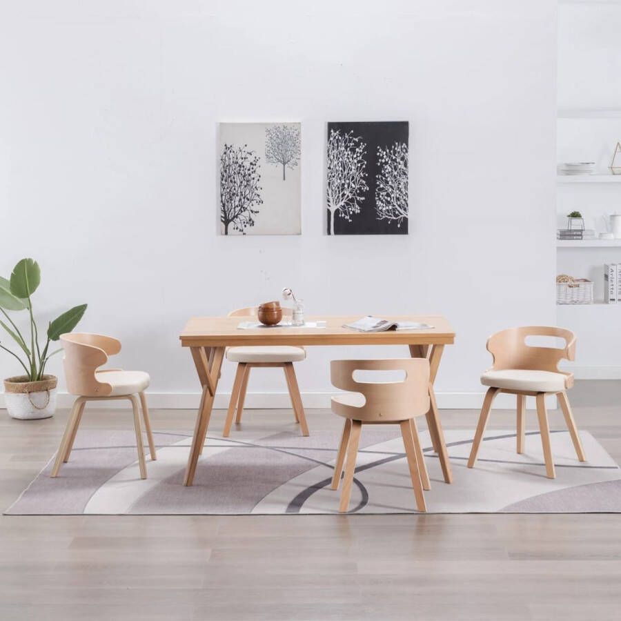 Decoways Eetkamerstoelen 4 stuks gebogen hout en kunstleer crème