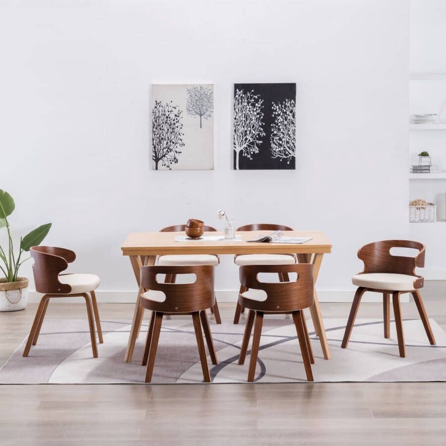 Decoways Eetkamerstoelen 6 stuks gebogen hout en kunstleer crème