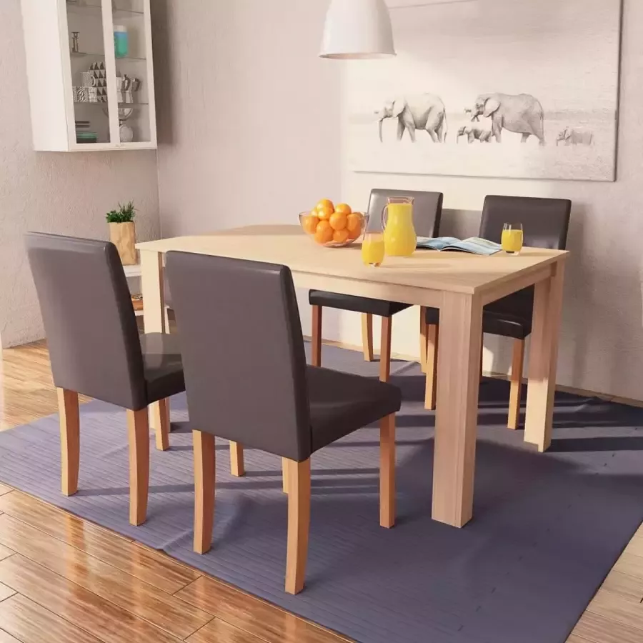 Decoways Eettafel met stoelen kunstleer en eiken bruin 5 st