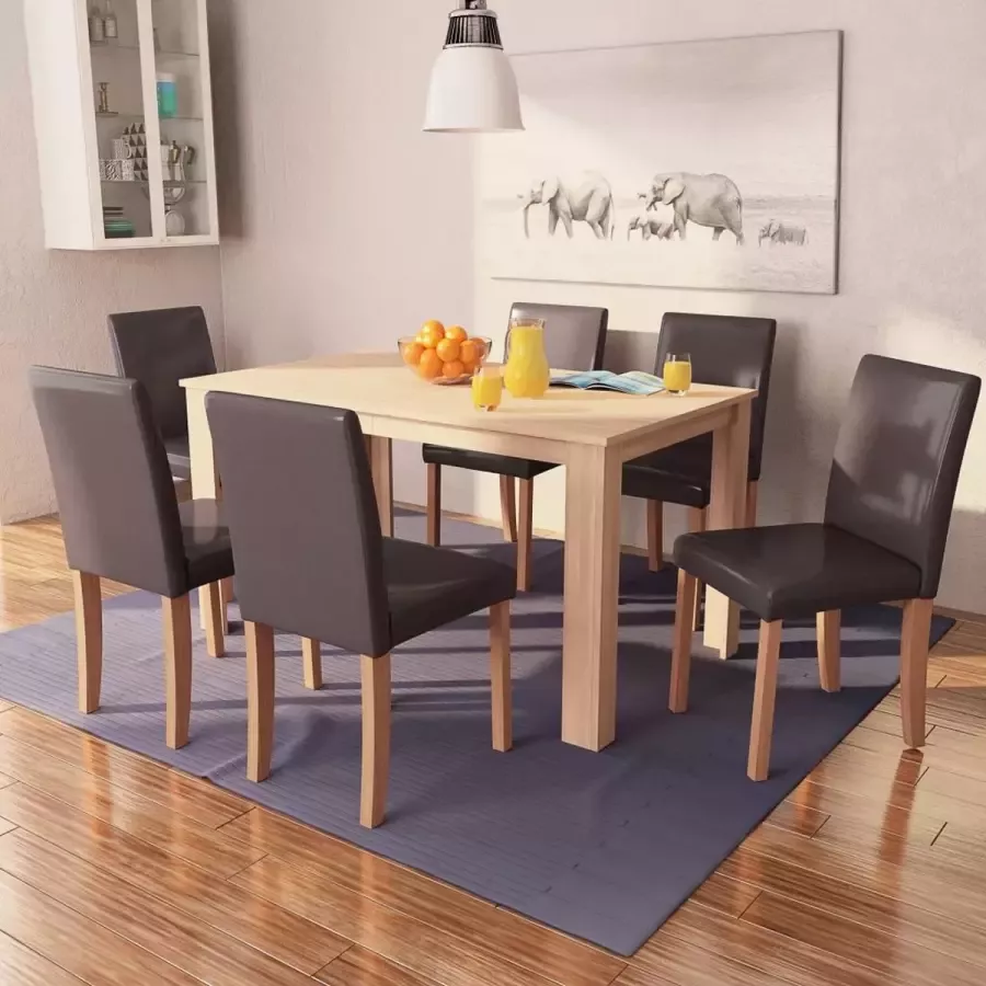 Decoways Eettafel met stoelen kunstleer en eikenhout bruin 7 st