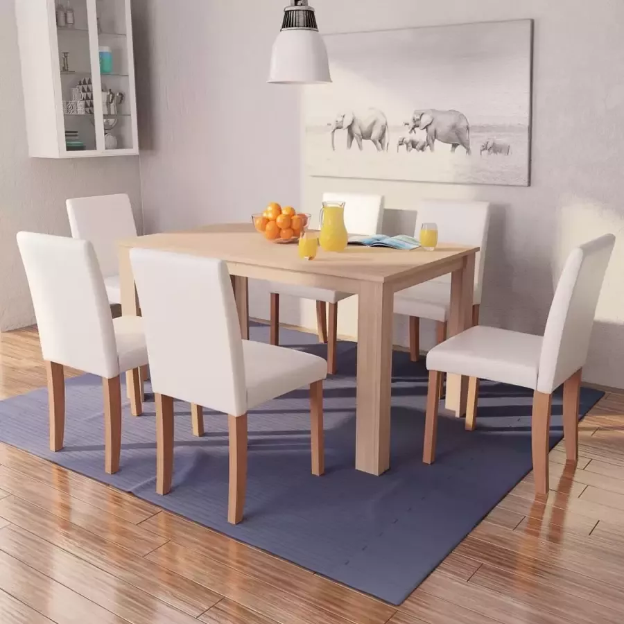 Decoways Eettafel met stoelen kunstleer en eikenhout crème 7-delig