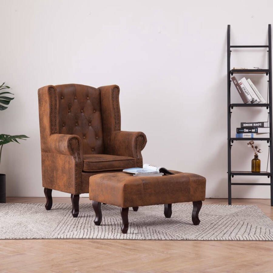 Decoways Fauteuil en voetenbank Chesterfield-stijl kunstsuède bruin