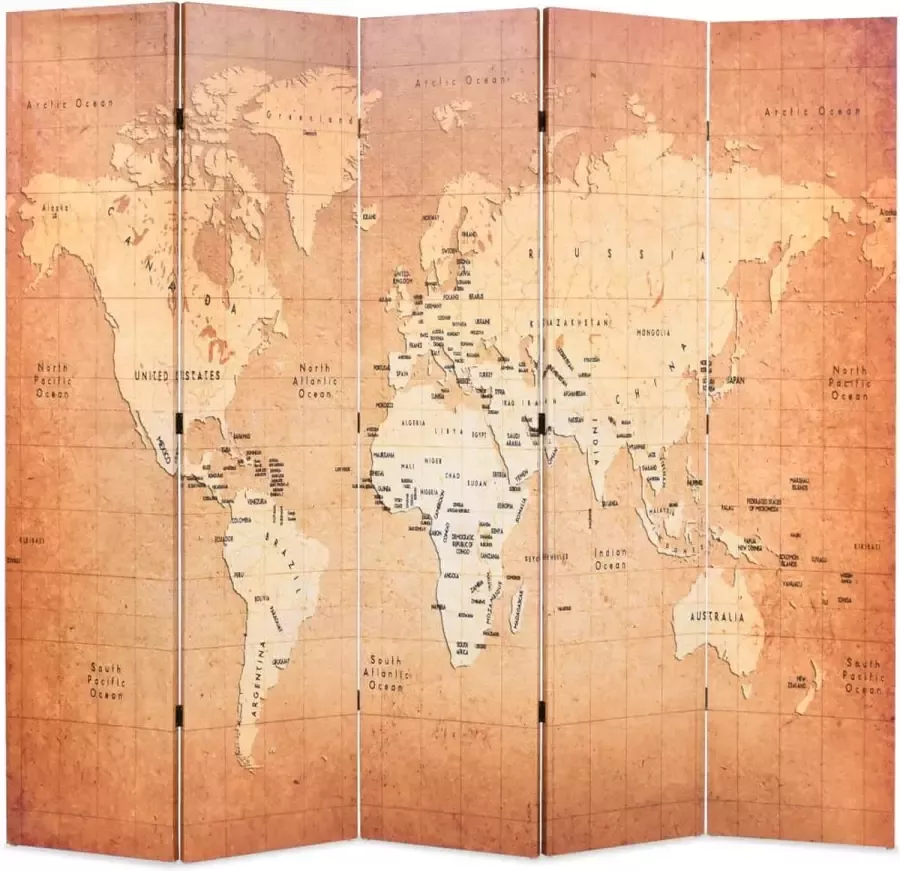 Decoways Kamerscherm inklapbaar wereldkaart 200x170 cm geel