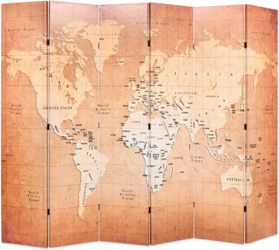 Decoways Kamerscherm inklapbaar wereldkaart 228x170 cm geel