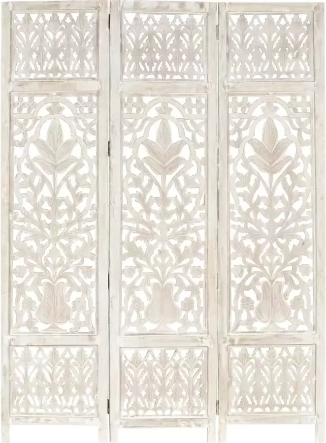 Decoways Kamerscherm met 3 panelen handgesneden 120x165 cm mangohout wit