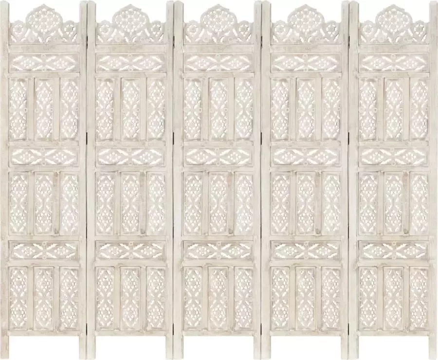 Decoways Kamerscherm met 5 panelen handgesneden 200x165 cm mangohout wit