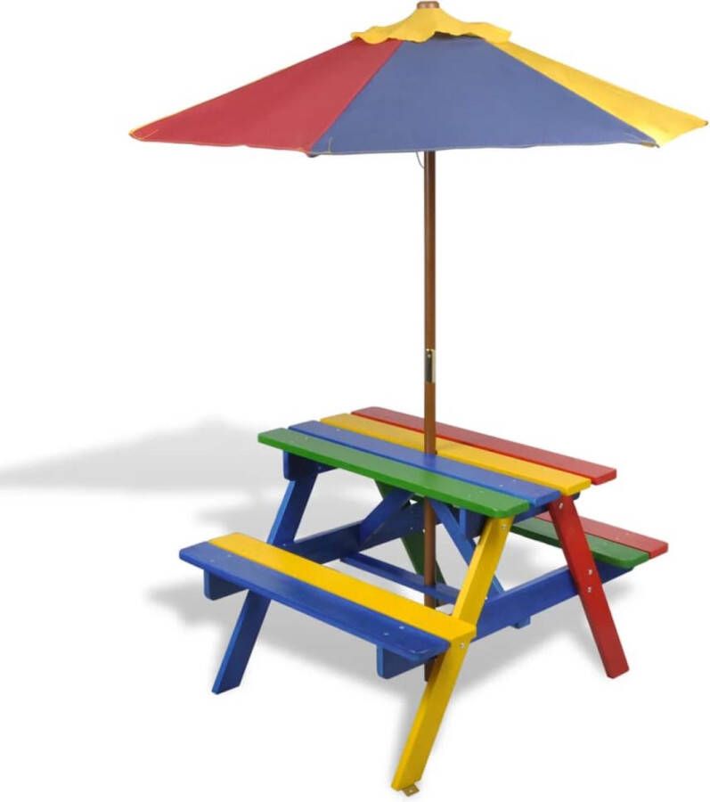 Decoways Kinderpicknicktafel met banken en parasol hout meerkleurig