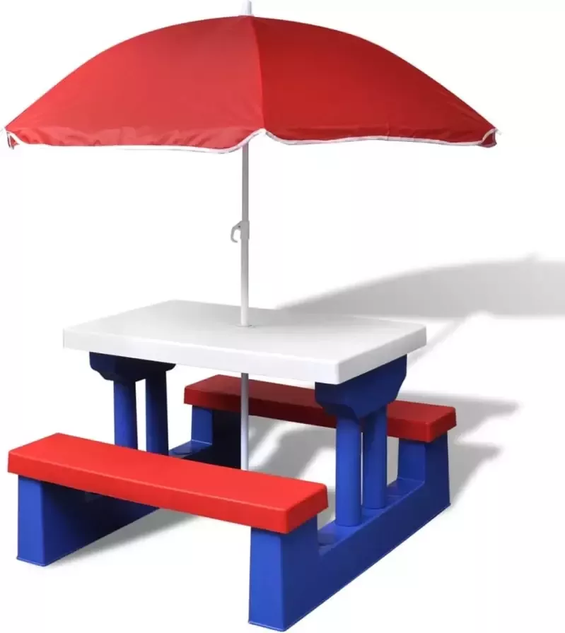 Decoways Kinderpicknicktafel met banken en parasol meerkleurig