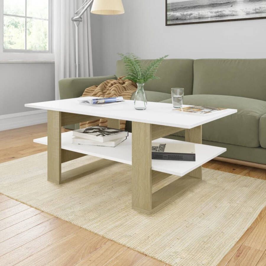 Decoways Salontafel 110x55x42 cm spaanplaat wit en sonoma eikenkleurig