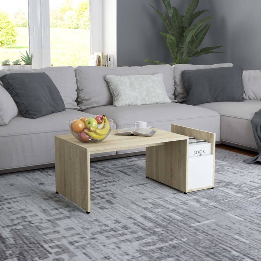 Decoways Salontafel 90x45x35 cm spaanplaat wit en sonoma eikenkleurig