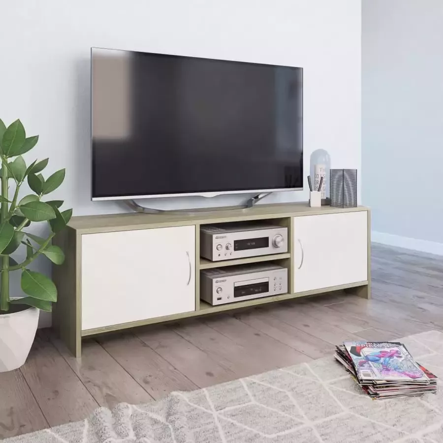 Decoways Tv-meubel 120x30x37 5 cm spaanplaat wit en sonoma eikenkleurig