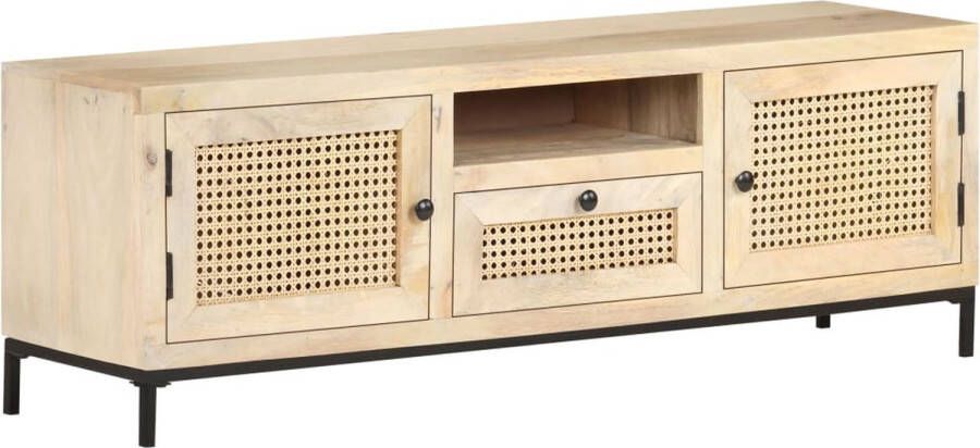 Decoways Tv-meubel 120x30x40 cm massief mangohout en natuurlijk riet