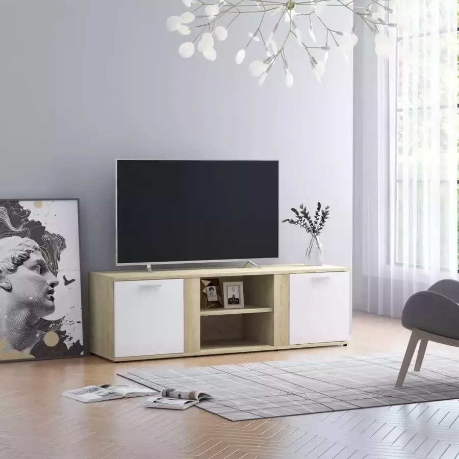 Decoways Tv-meubel 120x34x37 cm spaanplaat wit en sonoma eikenkleurig