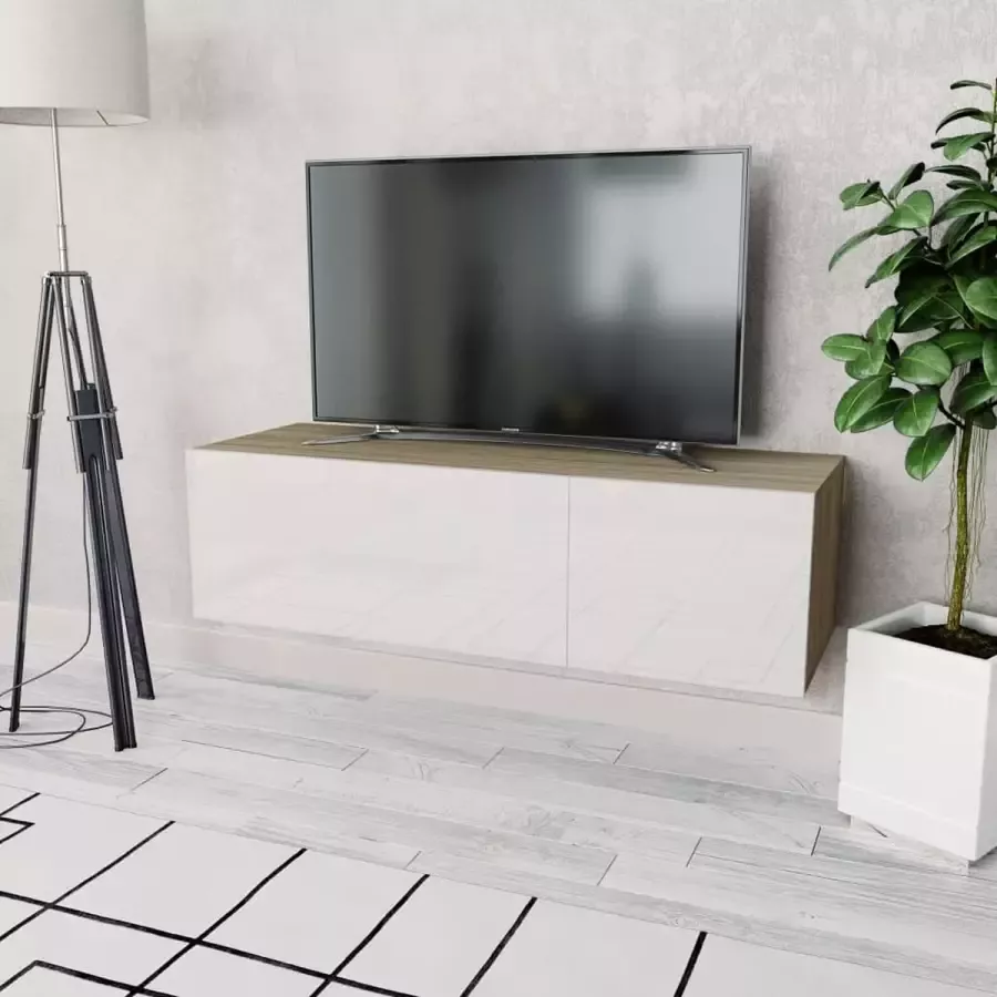 Decoways Tv-meubel 120x40x34 cm spaanplaat hoogglans wit en eikenkleur