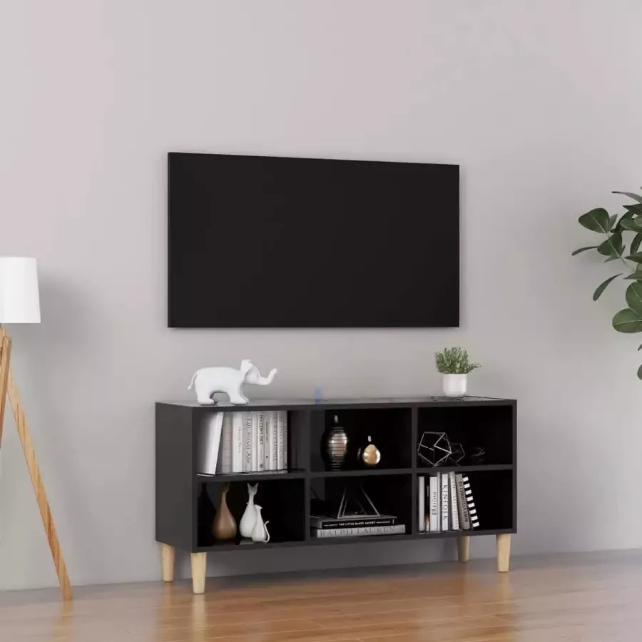 Decoways Tv-meubel met houten poten 103 5x30x50 cm hoogglans zwart