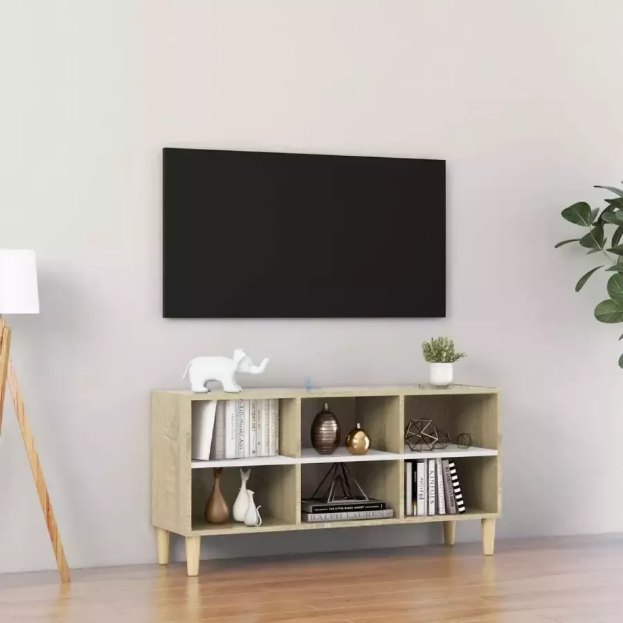 Decoways Tv-meubel met houten poten 103 5x30x50 cm wit sonoma eikenkleur