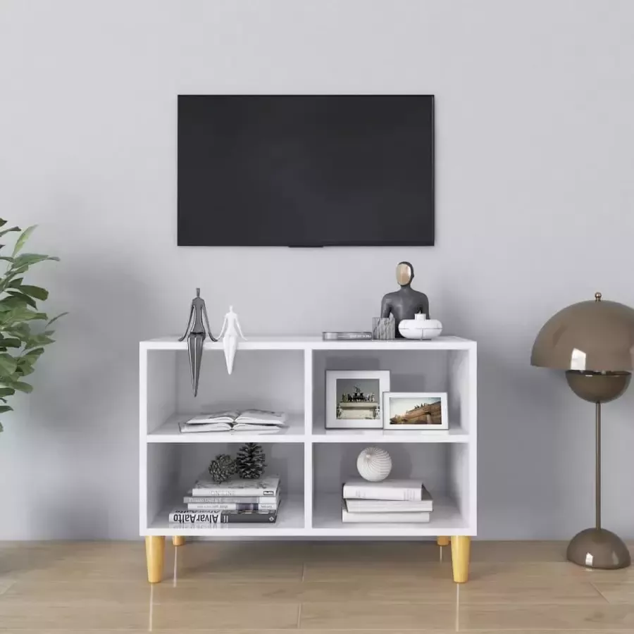 Decoways Tv-meubel met houten poten 69 5x30x50 cm hoogglans wit