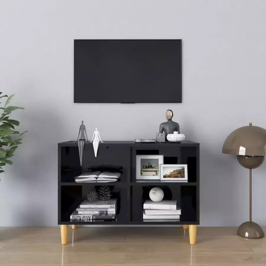 Decoways Tv-meubel met houten poten 69 5x30x50 cm hoogglans zwart