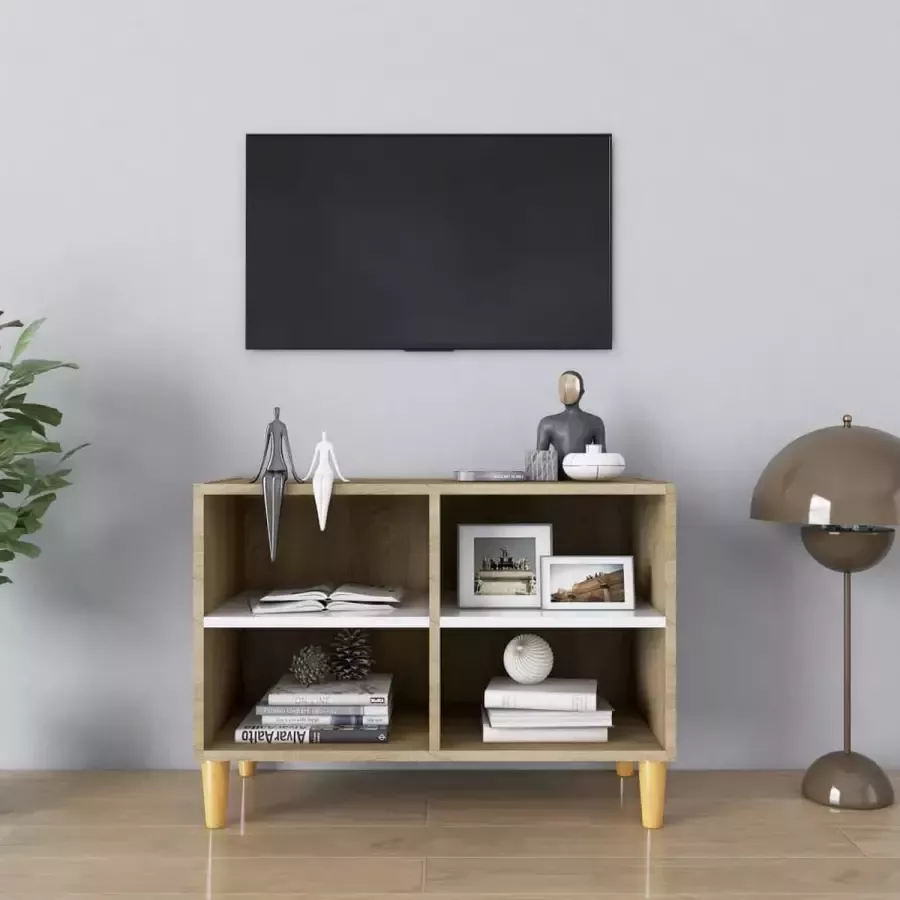 Decoways Tv-meubel met houten poten 69 5x30x50 cm wit sonoma eikenkleur