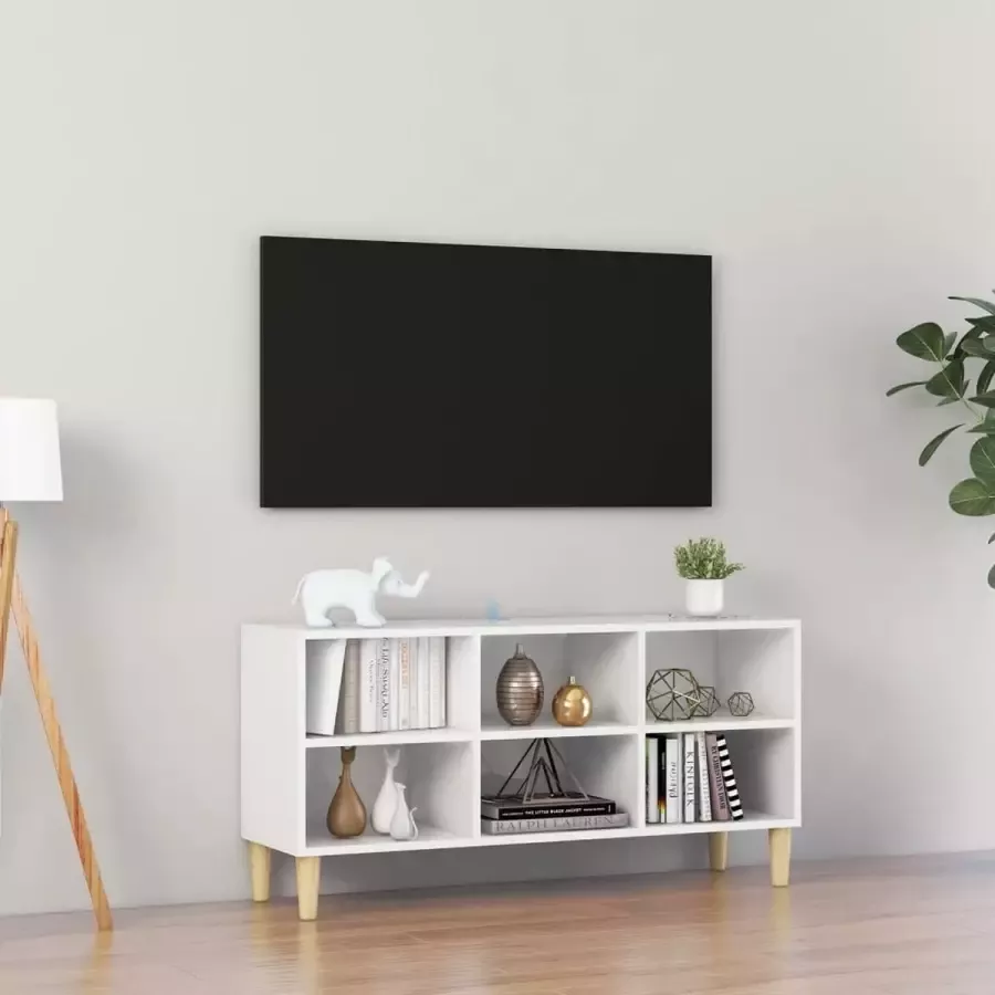Decoways Tv-meubel met massief houten poten 103 5x30x50 cm hoogglans wit