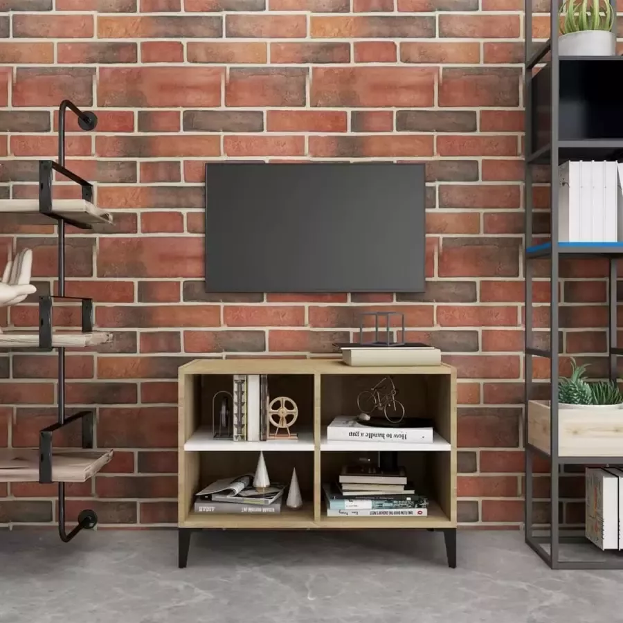 Decoways Tv-meubel met metalen poten 69 5x30x50 cm wit sonoma eikenkleur