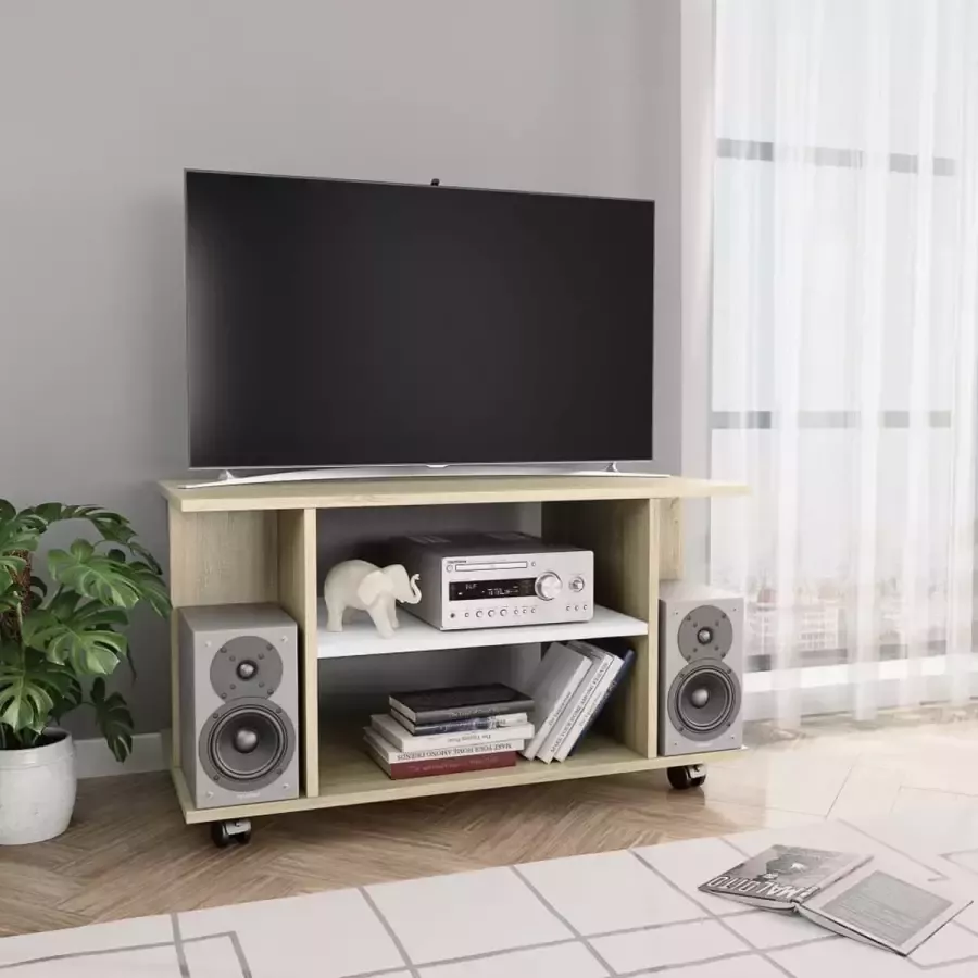 Decoways Tv-meubel met wieltjes 80x40x40 cm spaanplaat wit en sonoma