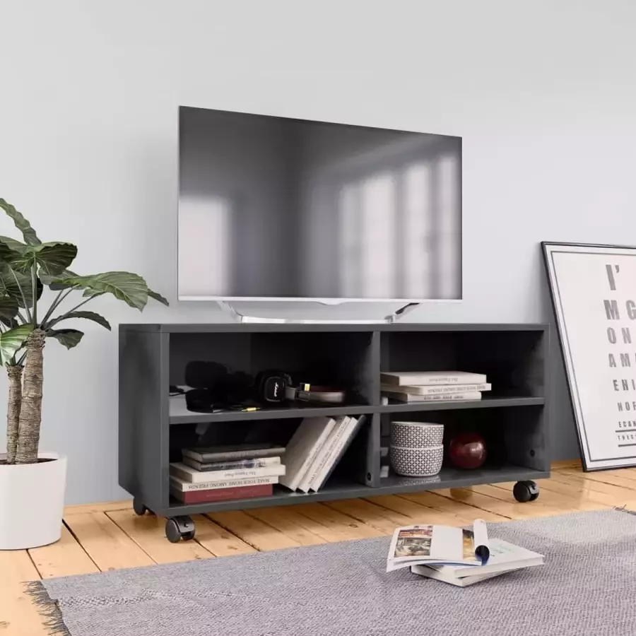 Decoways Tv-meubel met wieltjes 90x35x35 cm spaanplaat hoogglans grijs