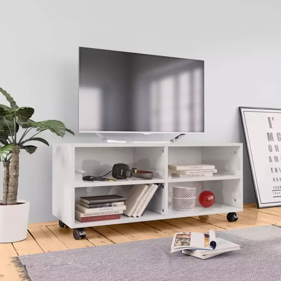 Decoways Tv-meubel met wieltjes 90x35x35 cm spaanplaat hoogglans wit