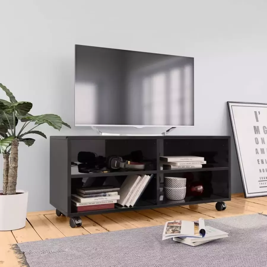 Decoways Tv-meubel met wieltjes 90x35x35 cm spaanplaat hoogglans zwart