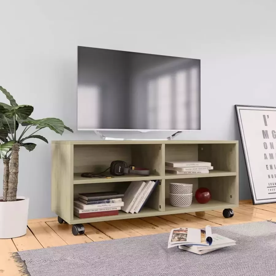 Decoways Tv-meubel met wieltjes 90x35x35 cm spaanplaat sonoma eikenkleur