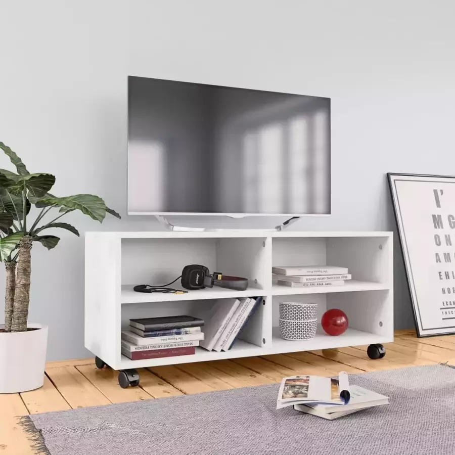 Decoways Tv-meubel met wieltjes 90x35x35 cm spaanplaat wit