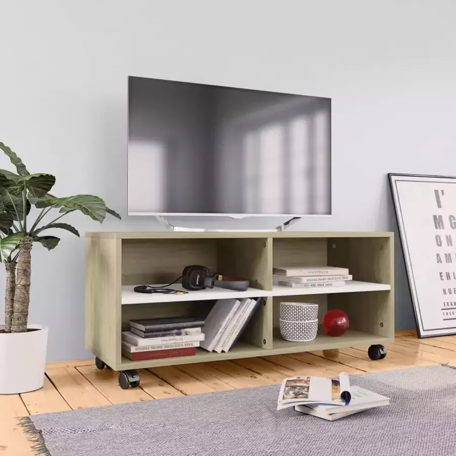 Decoways Tv-meubel met wieltjes 90x35x35 cm spaanplaat wit en sonoma