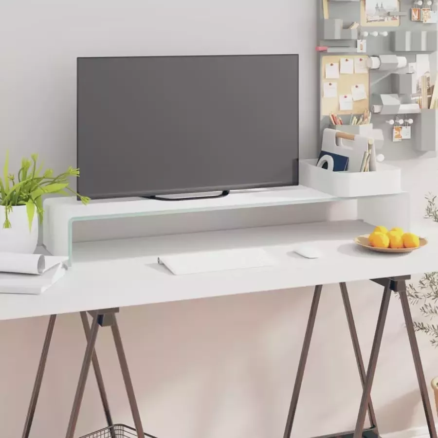 Decoways TV-meubel monitorverhoger wit 100x30x13 cm glas