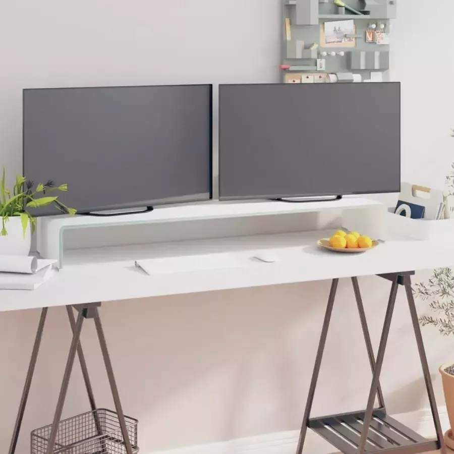 Decoways TV-meubel monitorverhoger wit 110x30x13 cm glas