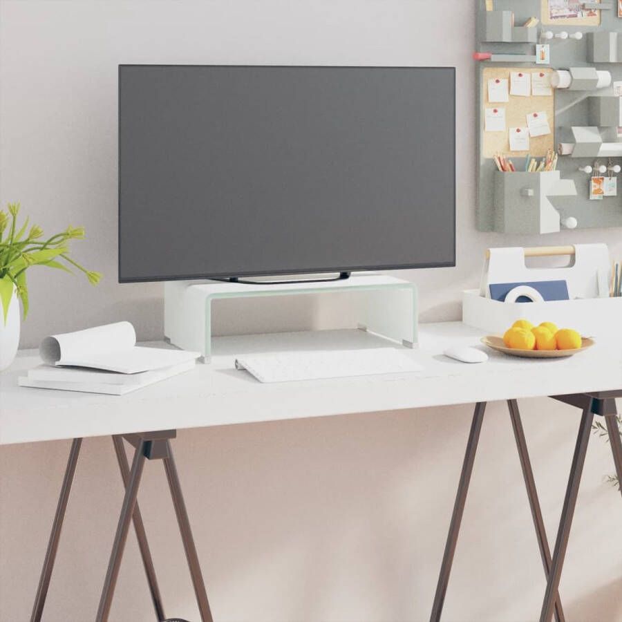 Decoways Tv-meubel monitorverhoger wit 40x25x11 cm glas