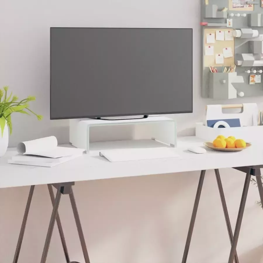 Decoways Tv-meubel monitorverhoger wit 40x25x11 cm glas