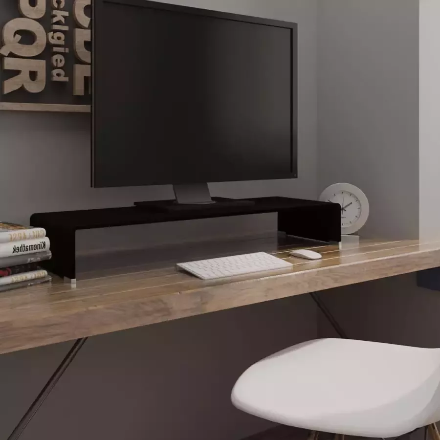 Decoways Tv-meubel monitorverhoger zwart 90x30x13 cm glas