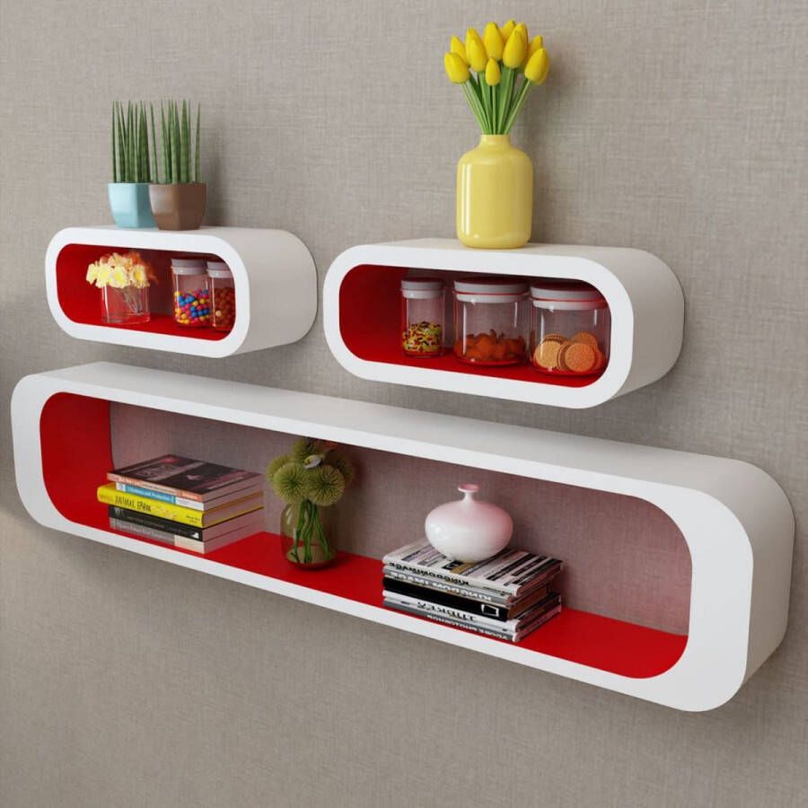 Decoways Wandplanken kubus MDF zwevend voor boeken dvd 3 stuks wit-rood