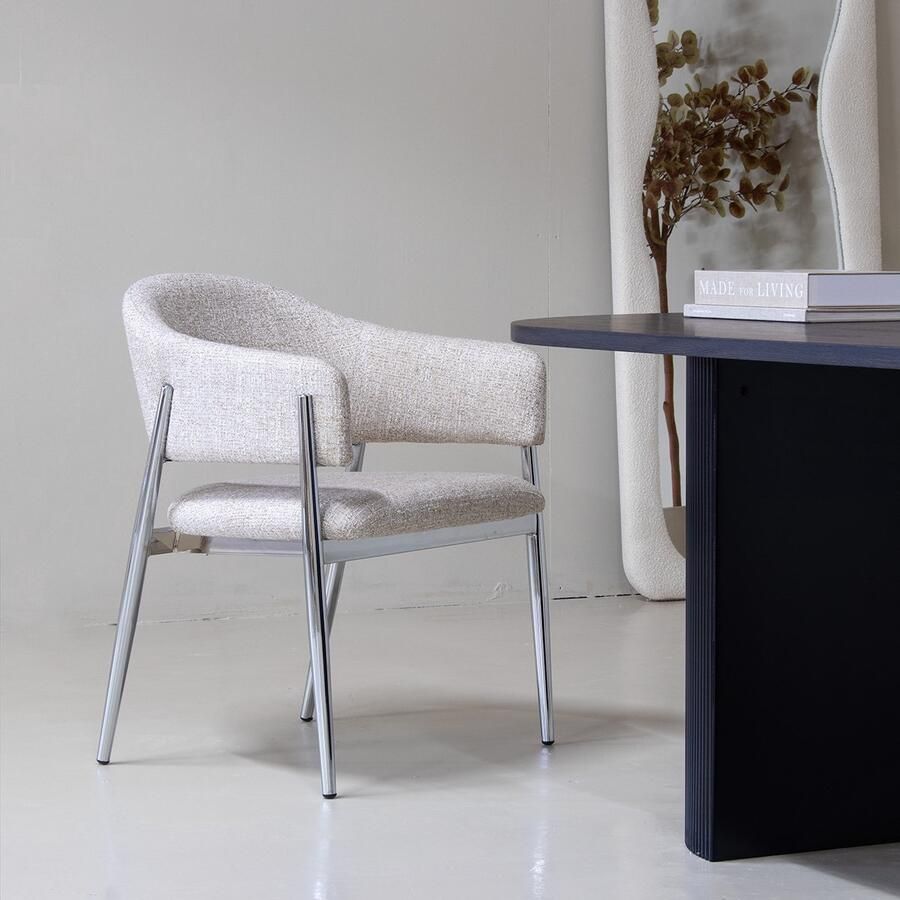 Déja Living DÉJA Living Eetkamerstoel Dénia Beige Chrome Stof Set van 2