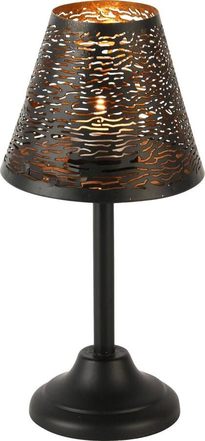 Dekoratief Theelichthouder lamp op voet zwart goud metaal 12x12x24cm A248134