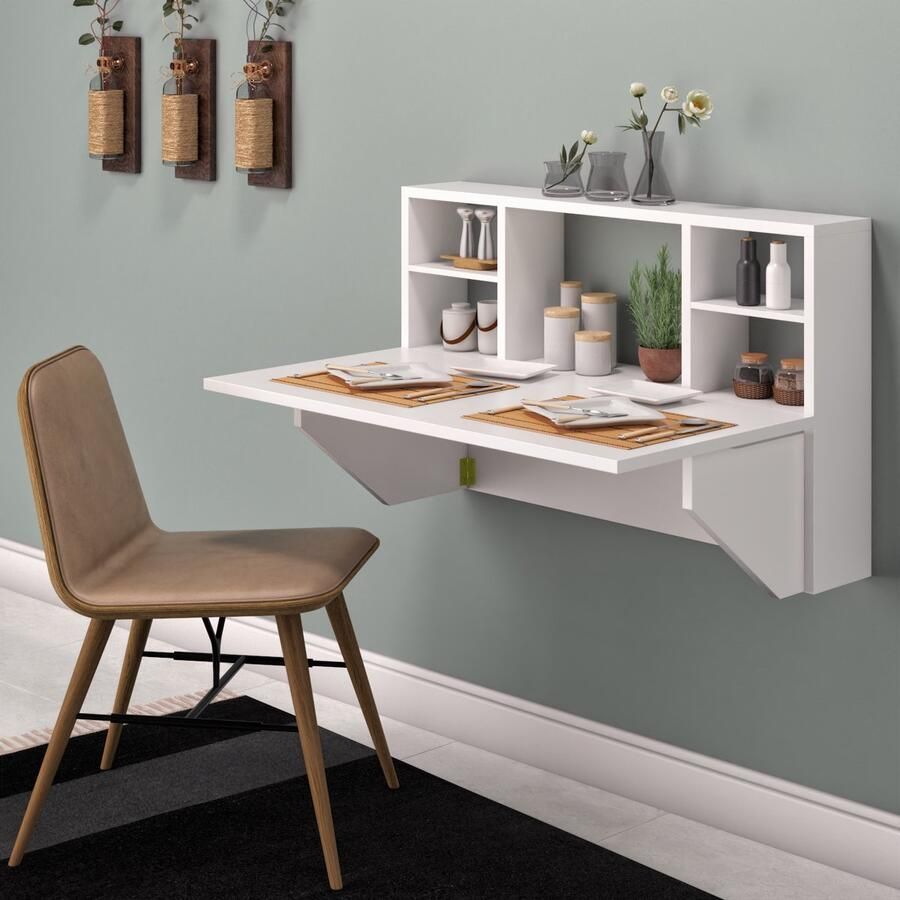Dekorfim Wandtafel Inklapbare| Ruimtebesparend Klaptafel| Inklapbaar Bureau| Modern en Stijlvol| Draagbare tafel met plank| Handig| Wit| 52x90x15 cm