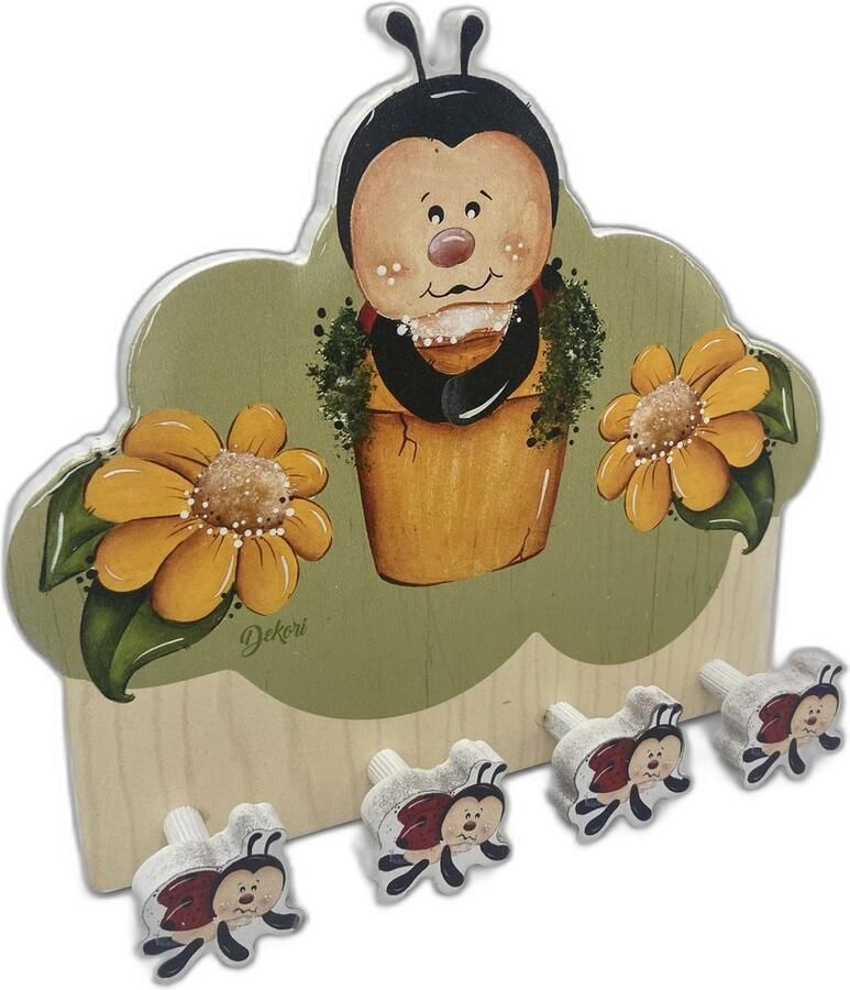 Dekori Kinderkapstok Wandkapstok- Italiaans Design Hout 4 haken 25 x 22 cm Kinderkamer Lieveheersbeestje